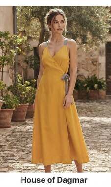 House of Dagmar Yellow Sleeveless V-Neck Wrap Midi Dress with Grey Strap Detail